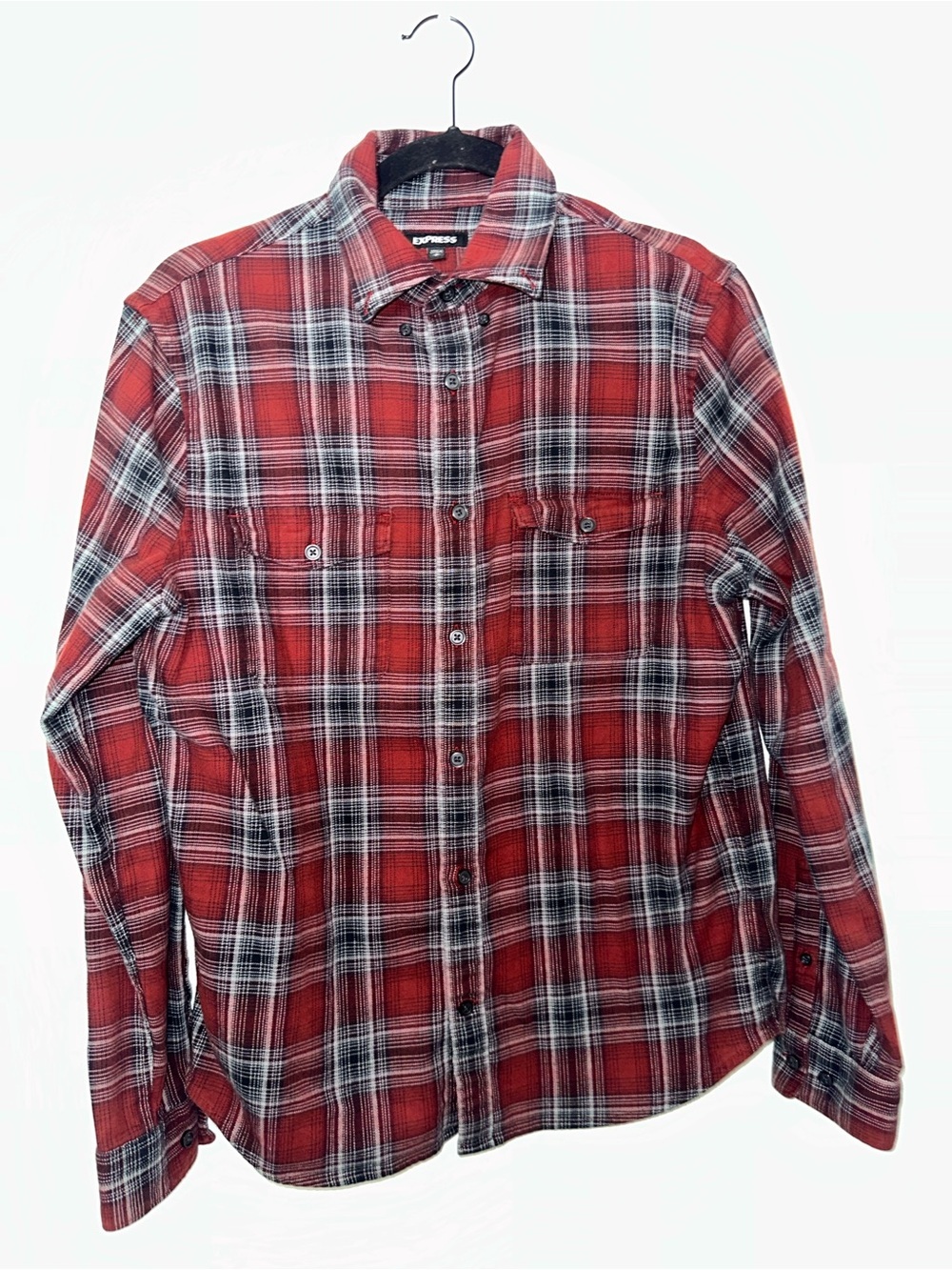 Express Red and Black Plaid Button-Down Shirt